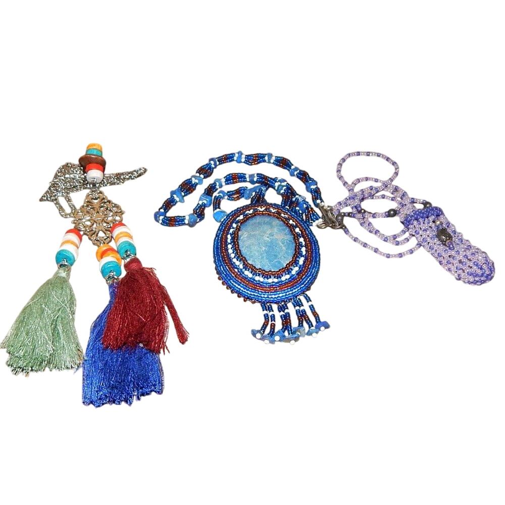 3 Vintage Necklaces Native Beadwork Medallion  *Crystal Pouch *Tassels Lot